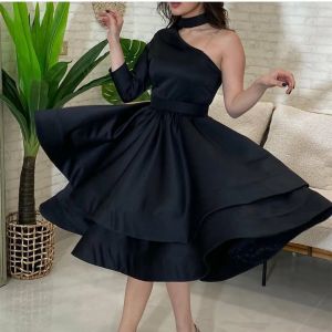 Classy Short Black Evening Dresses Black Halter Satin Full Sleeves A Line Tea Length Vestidos De Noche Formal Dress