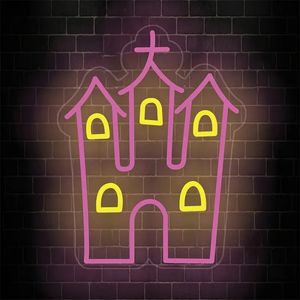 1 unidade, letreiros de luz de néon LED da casa do castelo rosa (10,6 x 13,7 polegadas), princesa meninas quarto casamento festa de aniversário decoração de parede sinal decoração de Halloween presentes pendurados para quarto infantil