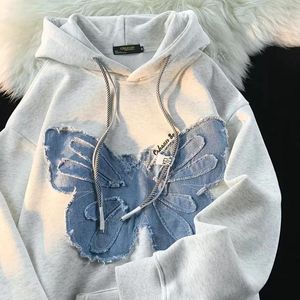 Kvinnors hoodies American Retro Butterfly Embroider Ladies 2023 Winter Y2K Hoodie High Street Lethargic Women Sweatshirts