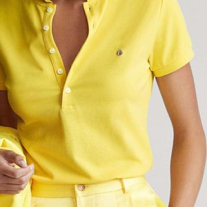 Ralphs Designer T-Shirt Laurens Kadın T-Shirt Sports İnce Fit Polo Boyun Kısa Kollu T-Shirt Katı İnci Pamuk Beş Düğme Yaz Kadın Giysisi