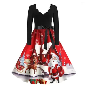 Casual Dresses for Women 2023 Fun Christmas Santa Claus Tree Snowflake Elk Printing Sundresses Långärmad bownot Xmas Party Dress