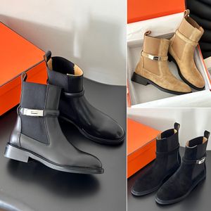 Klassische Leder Wildleder Schnallen schwarzer Flachritter-Knöchelstiefel Mode Low-Heel Luxury Designer Boots Frauen Kampfstiefel