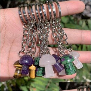 Key Rings Natural Crystal Stone Key Rings Mushroom Keychains Healing Crystals Car Bag Decor Keyholder For Women Men Drop Delivery Dh9Xx