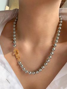 Catene AENSOA eleganti collane a catena di perle bianche grigie per le donne collana rotonda in metallo placcato oro con dichiarazione coreana gioielli di moda