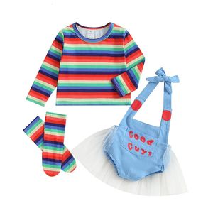 Kläduppsättningar Småbarn Girl Halloween Costume Set Rainbow Stripe Print Lång ärm Topps Letter Mönster ROMPER SOCKS 231019
