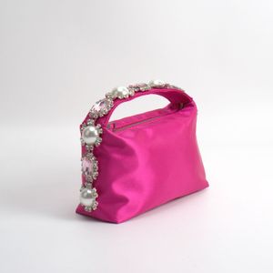 Net Red Satin Evening Clutch: Jewel, Crystal, Pearl & Ostrich Feather Decor, Summer Showstopper Handbag for Women black sliver pink