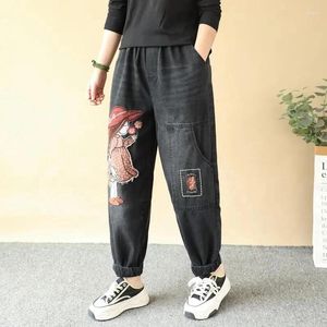 Women's Jeans Retro Cartoon Girl Paste Cloth Embroidery Spring Autumn Fashion Elastic Waist Loose Ankle-Length Harem Denim Pants