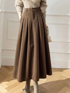 Saias de lã maxi saia mulheres outono inverno quente senhoras casual solto aline feminino coreano elegante escritório senhora longo 231019