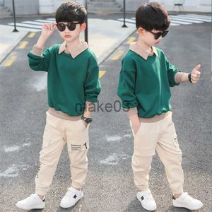 Set di abbigliamento 2023 primavera Autunno Manica lunga Ragazzi Tuta Lettere casuali Abbigliamento per bambini Maglione + Pantaloni 2 pezzi Completo per bambini 3-14 anni J231020