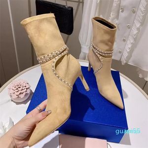 Stiefeletten Schuhe Designer Schuh Nude Stiletto Heels Leder Kristall Perle Dekoration Schnalle Riemen Spitze Zehen Booties Luxus für Frauen