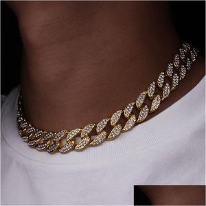 Łańcuchy 15 mm Miami Cuban Link Naszyjniki 30 16 18 20 22 24 cala 18K Gold Planed Out Bling Rhinestone Sier Rose Fashion des Dhqa1