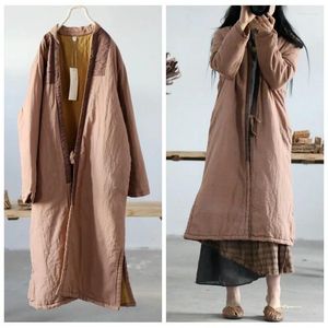 Casacos de Trench das Mulheres Johnature Mulheres Estilo Chinês Patchwork Cor Parkas V-Pescoço Manga Longa Inverno Quente 2023 Linho Vintage Solto