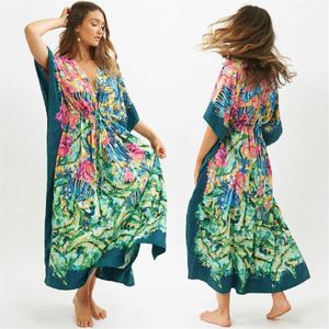 2021 Zielone bohemijskie drukowane nietoperze rękawa wysoka talia letnia sukienka plażowa bawełniana tunikka kobiet na plaży kaftan maxi sukienki Q1087 F0122277W