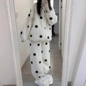 Women's Sleepwear Polka Dot Women Pajamas Set Winter Fleece 2 Piece Pant Home Suit Fluffy Zipper Piiama Warm Fashion Night Wear 2023