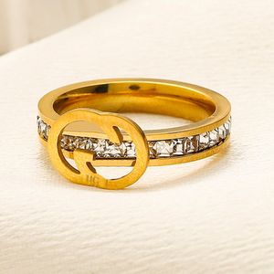 Designer Brand Letter Rings 18K Gold Plated Silver Stainless Steel Ring Fashion Luxury Inlay Crystal Womens Wedding Jewelry Holiday Gift Size:6 7 8 9