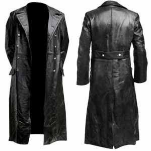 Men's Leather Faux Leather MEN'S GERMAN CLASSIC WW2 MILITARY UNIFORM OFFICER BLACK REAL LEATHER TRENCH COAT 231020