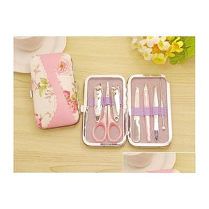 Party Favor 100Sets 7 In 1 Rattan Flower Printing Nail Clipper Scissor Kit Woman Pedicure Manicure Set Wedding Favors Home Garden Fest Dhopj