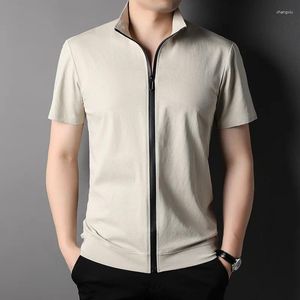 Homens camisetas Homens Verão Manga Curta Preto Stripe T-shirt Plus Size Mens Reto Casual Fino Zipper Algodão Bege Zip Up Camisa Xxxl