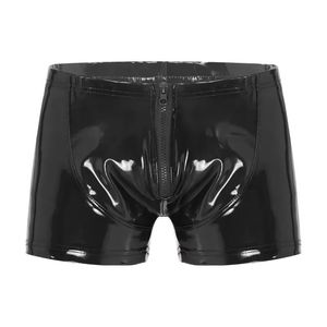 Mutande S5XL Uomini sexy Boxer Corto Fetish Biancheria intima Mutandine Pelle verniciata lucida Cerniera esotica Pantaloncini metallici Costumi da bagno Spiaggia 231019