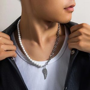 Naszyjniki wisiorek Kunjoe ze stali nierdzewnej metalowe pióra Naszyjnik dla mężczyzn imitacja moda Pearl Peats Cross Link Choker