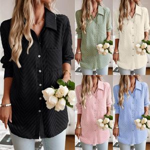 Blusas femininas mangas compridas camisa feminina botão turn down colarinho camisas 2023 outono jacquard negócios casual tops ajustados tee outono cardigan