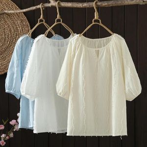 Kvinnors blusar topp boho bomull bonde blus skjorta kvinnlig bohemisk lös elegant vit blå fast broderad