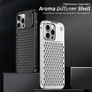 Luxury 2 in 1 Hollow Out Aluminum Alloy Vogue Phone Case for iPhone 15 Plus 14 13 12 Pro Max Sturdy Stylish Full Protective Heat Sistation Metal Aroma Diffuser Shell