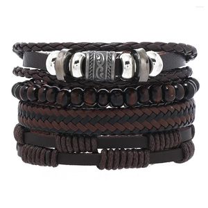 Strand Vintage Multi-Layer Hand-woven läderarmband Men pärlor med fyrdelar set bruna tillbehör grossist