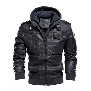 Herrläder faux chaqueta motorcykel jacka män casual pu jackets man vinter tjock varm vintage huva krage klubb bombplan rockar 231020