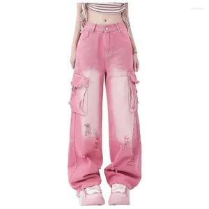 Frauen Jeans Y2k Harajuku Breites Bein Hohe Taille Pockest Rosa Hosen 2023 Frühling Sommer Vintage Ripped Street Denim Hosen