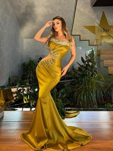 Evening Dresses Gold Beaded Prom Party Gown Mermaid Plus Size New Custom Elastic Satin Sleeveless Zipper Lace Up Applique Pleat Strapless Illusion