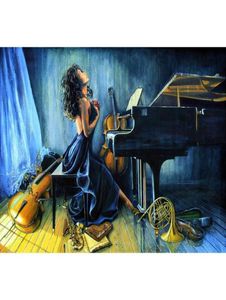 Pinturas a óleo artesanais menina tocando piano guitarra música retrato arte em tela para decoração de quarto moderno azul de alta qualidade 5807764