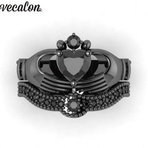 Vecalon New Female Black Birthstone claddagh ring 5A Zircon Cz Black gold filled Party wedding Band ring Bridal Sets for women256i