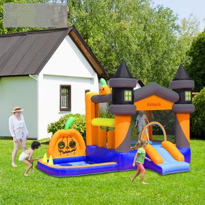 Halloween springkussen voor kinderen Pompoen-opblaasboten Buitenspeelplezier Feestdecoraties Springkussen Combo met wedstrijdluchtblazer Ball Pit Huls 5 in 1 speelhuisje