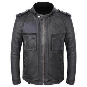 Men's Leather Faux Leather Vintage Black Grey Genuine Leather Jacket Men's Cowhide Spring Motorcycle Biker Leather Jackets Tooling Slim Leather Male Coat 231020