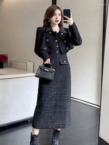Arbetsklänningar lyxiga tweed Tvådelar Set Women Outfits Female Vintage Lapel Kort jacka Coat Spaghetti Rems Dress Suit Fall Winter Woolen