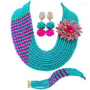 Collana orecchini set acqua blu fucsia rosa costume gioielli africani cristallo nuziale per le donne