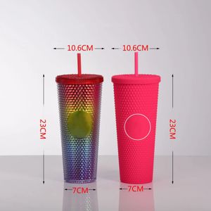 Canecas 710mlstudded tumbler copo de café verão garrafa de água fria parede dupla plástico durian copo de diamante com palha garrafa de água bonito 231020