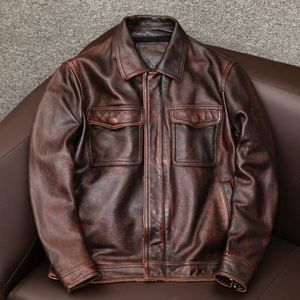 Herrläder Faux Leather Vintage Motorcykeljackor Män Cowhide Coat Red Brown American Retro Biker Mens äkta ko läderjacka Autumn Winter 6xl 231019