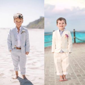 Herrdräkter 2023 Anpassad Summer Boy's Linen Suit 2 Piece Beach Wedding Flower Sky Blue Groom Outfit Casual Holiday Costume Made