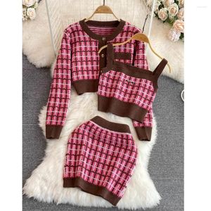 Vestidos de trabalho de alta qualidade pequena fragrância malha três preços conjunto feminino coreano moda doce camisola 3 peça conjuntos outono inverno saia casual