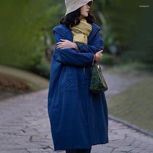 Women's Trench Coats Johnature Women Dark Blue Hooded Vintage Parkas Button Long Sleeve Winter 2023 Chinese Style Pockets Linen