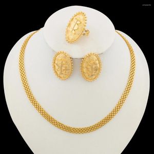 Necklace Earrings Set African Party Jewelry Oval Design With Ring For Daily Wear 18k Gold Plated Clip Cocktail