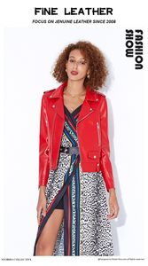 2023 outono novo vermelho casaco de couro genuíno das mulheres curto ajuste flip colarinho cintura alta motocicleta pequena jaqueta de couro