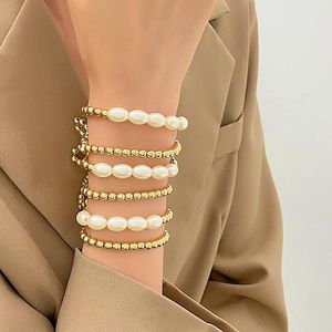 Strand Imitation Pearl Geometric Bead Stitching Metal Armband For Women Body Jewelry Accessories Gift