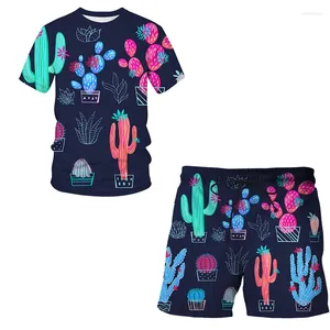 Men's Tracksuits Cartoon Cactus Summer 3D Printed T-shirt Shorts Set Sportswear Tracksuit O Neck Short Sleeve Clothing Suit