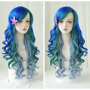 Max Beauty Blue Mermaid Wigs, Curly Long Hair Daily Wig Heat Resistant Syntetic Fiber For Halloween för cosplay till jul