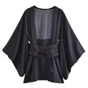 Blusas de mujer 2023 moda estilo étnico cinturón suelto textura satinada de seda kimono Vintage abrigo de manga larga Top único