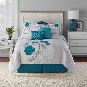 Sängkläder sätter 7 -stycken Teal Roses Comporter Set med Dec Pillows Bed Kjol FullQueen 231020