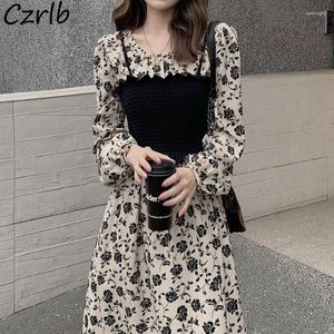 Casual Kleider Kleid Frauen Herbst Koreanischen Stil Oansatz Patchwork Vintage Floral Design Tunika Schlank Zarte Laterne Hülse Elegante Party Goth